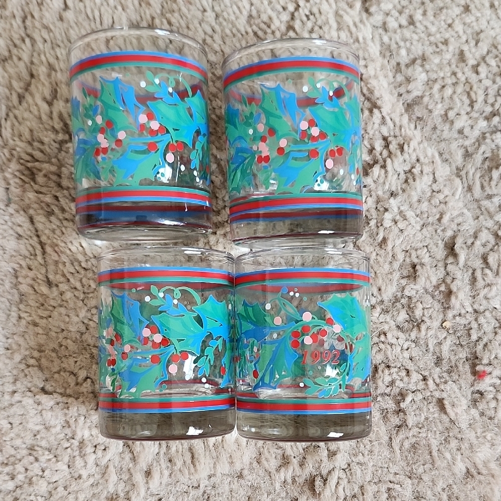 Festive Holly Shot Glasses - Set of 4 Vintage 1992 Holiday Christmas